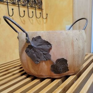 Primitive Pumpkin Bowl Wooden with Metal Leaf Accent,  Metal Handles